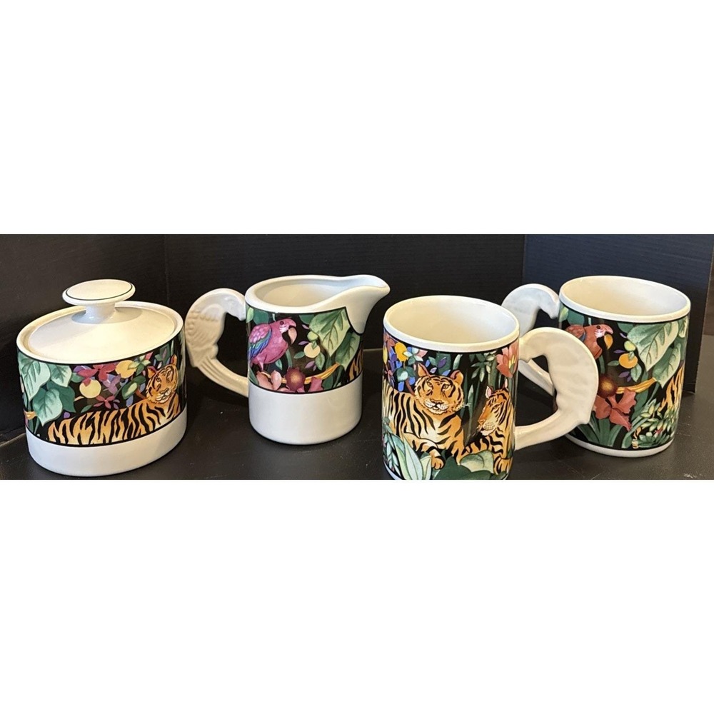 Vitromaster Rain Forest Sue Zipkin‎ 2 Mugs Sugar Creamer Set Parrot Tiger